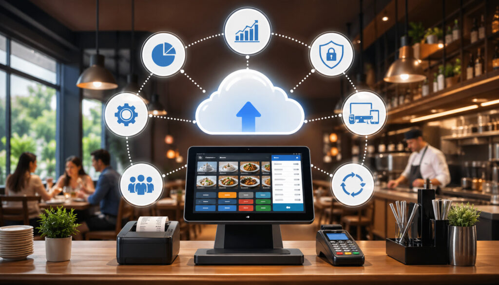 Cloud POS system in a modern restaurant with touchscreen terminal, connected cloud network icons, and staff managing orders digitally