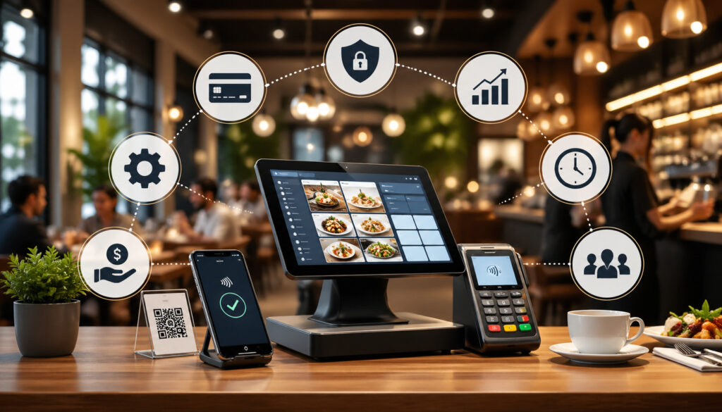 Integrated restaurant POS system with contactless payments, mobile checkout, analytics dashboard, and digital payment icons in a modern dining environment