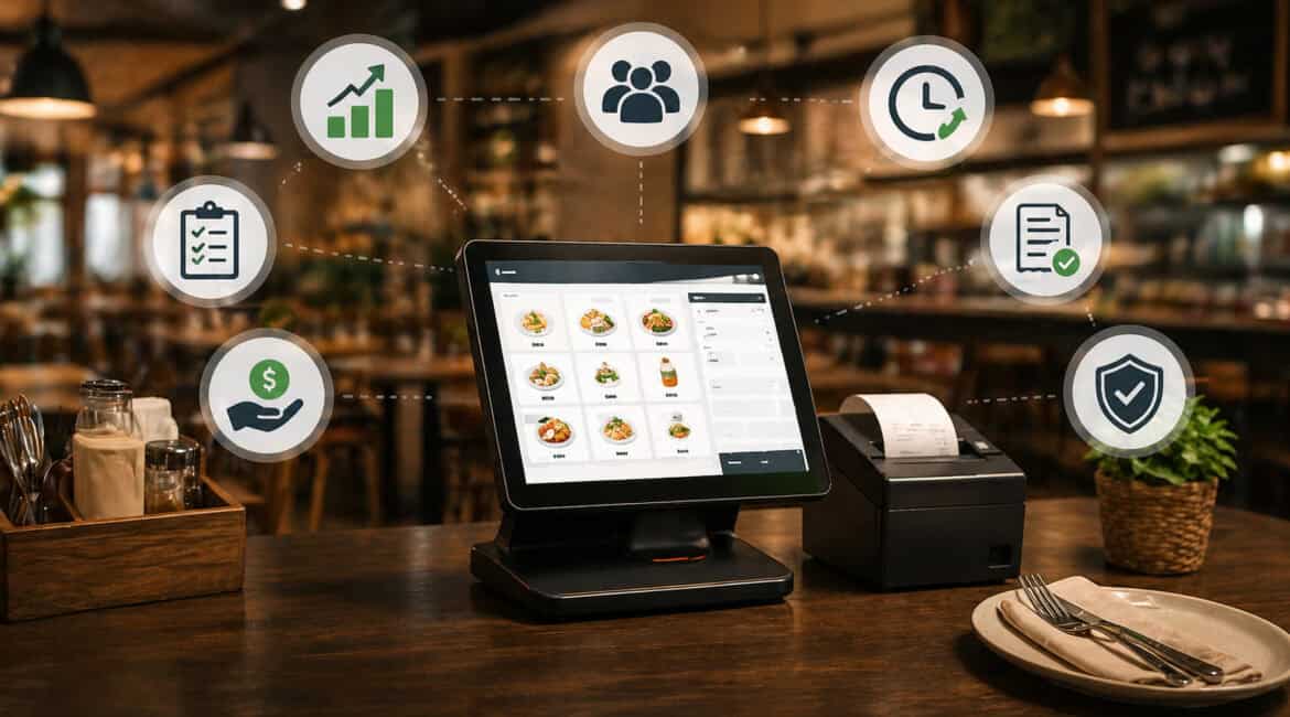 Restaurant POS system on countertop with touchscreen menu and icons highlighting efficiency, sales tracking, and secure payment processing in a small café setting