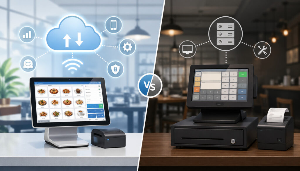 Cloud-based POS vs traditional restaurant POS system comparison showing modern cloud-connected touchscreen terminal with digital icons alongside legacy cash register setup in restaurant environment