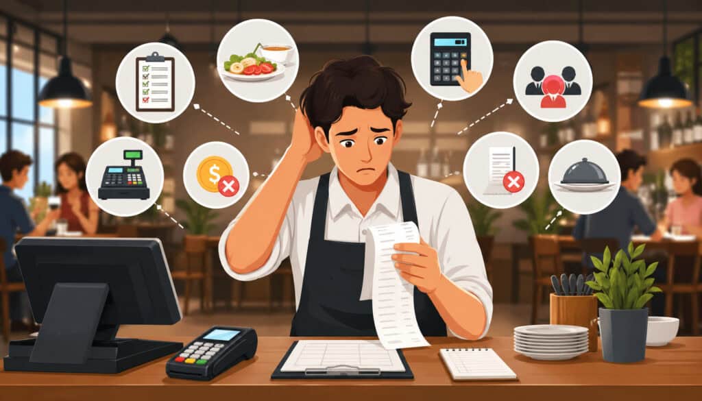 Illustration of a restaurant cashier reviewing a bill with confusion, surrounded by icons representing billing errors like incorrect orders, POS issues, and calculation mistakes in a busy dining setting