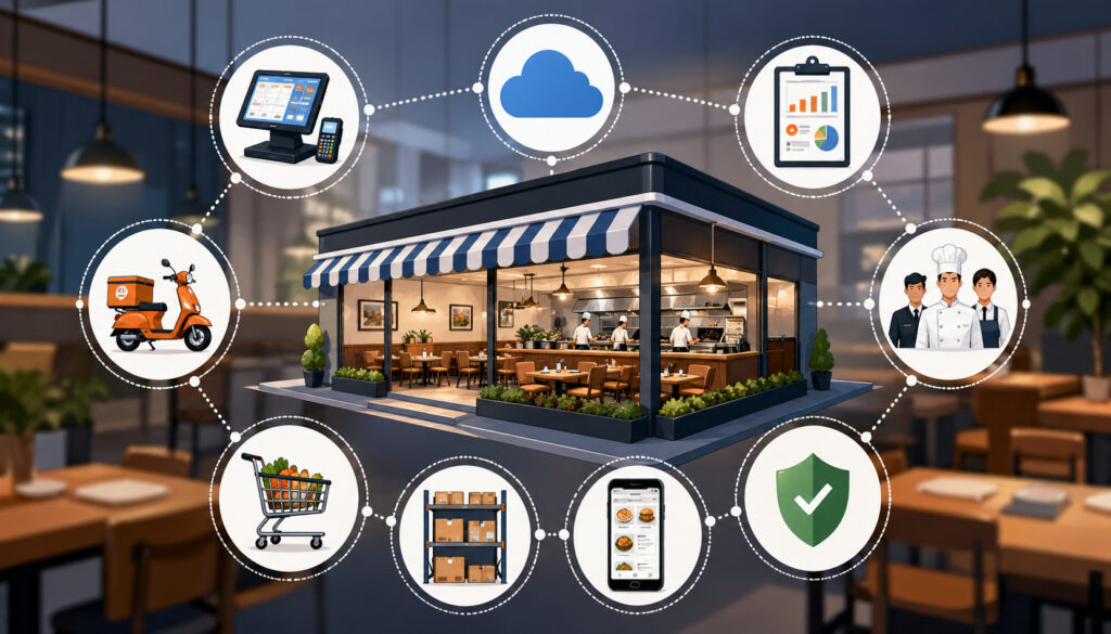 Scalable restaurant operations system illustration with POS, cloud technology, staff management, inventory, delivery, analytics, and mobile ordering icons interconnected around a modern restaurant
