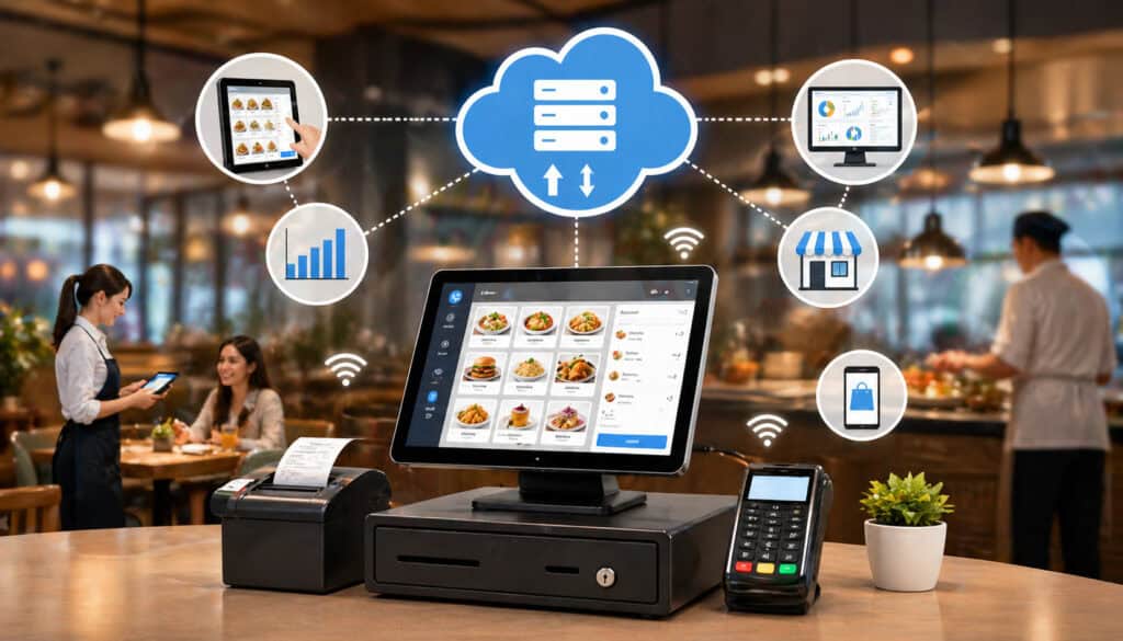 Cloud POS system in restaurant connecting devices, payments, and orders through centralized cloud network