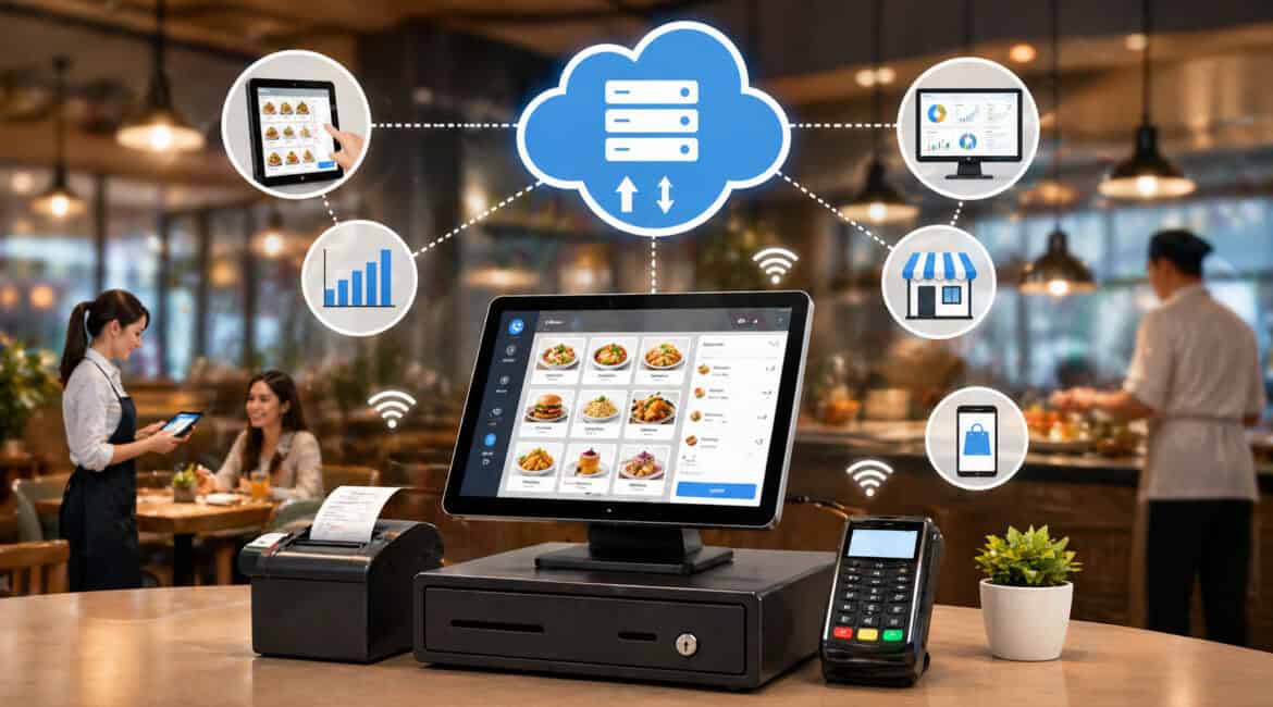 Cloud POS system in restaurant connecting devices, payments, and orders through centralized cloud network