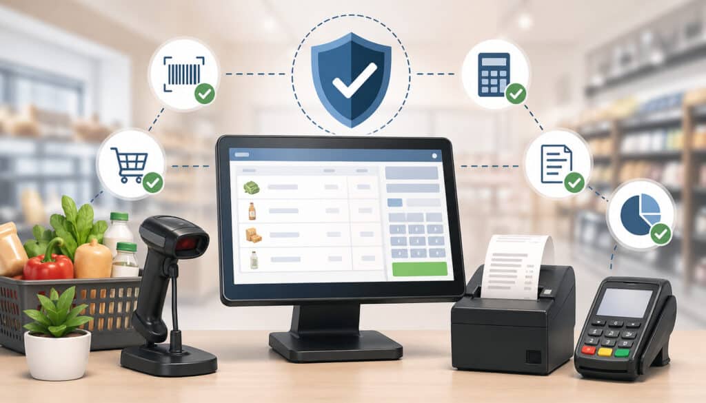 Modern POS system with barcode scanner and card terminal preventing billing errors through automated retail checkout technology