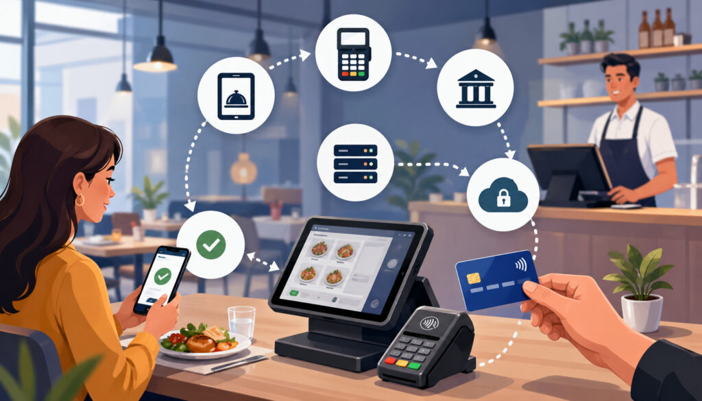 Restaurant payment integration system showing POS terminal, mobile payment, card processing, and secure transaction flow in a modern dining environment