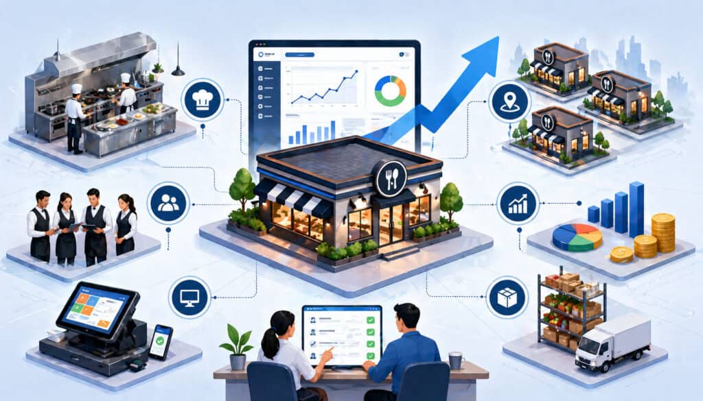 Scalable restaurant operations system illustration showing centralized management dashboard, kitchen workflow, staff coordination, POS system, analytics, and multi-location expansion icons