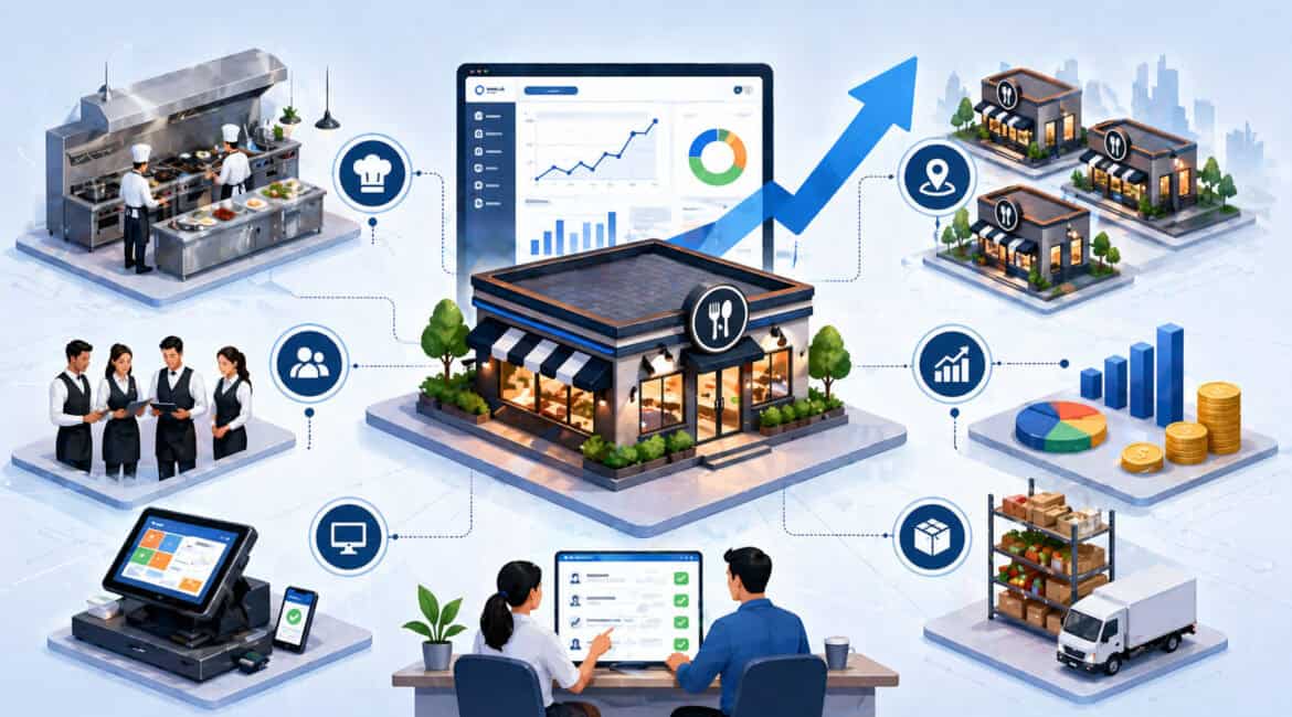 Scalable restaurant operations system illustration showing centralized management dashboard, kitchen workflow, staff coordination, POS system, analytics, and multi-location expansion icons