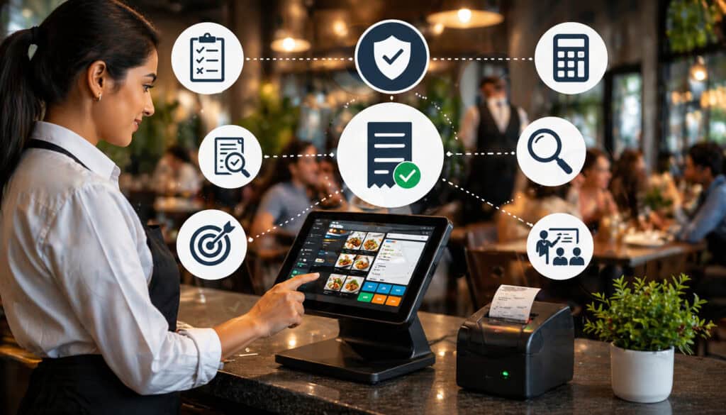 Restaurant staff using POS system to ensure accurate billing with digital receipt, verification, and error-reduction icons in a busy dining setting