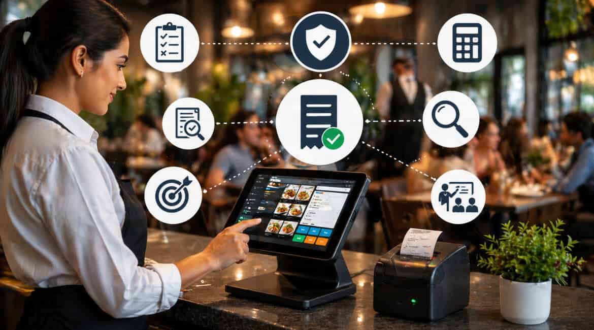 Restaurant staff using POS system to ensure accurate billing with digital receipt, verification, and error-reduction icons in a busy dining setting