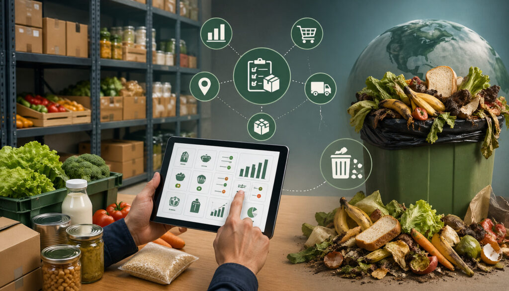 Digital food inventory management system in warehouse contrasted with overflowing food waste bin, illustrating supply chain inefficiency and sustainability challenges