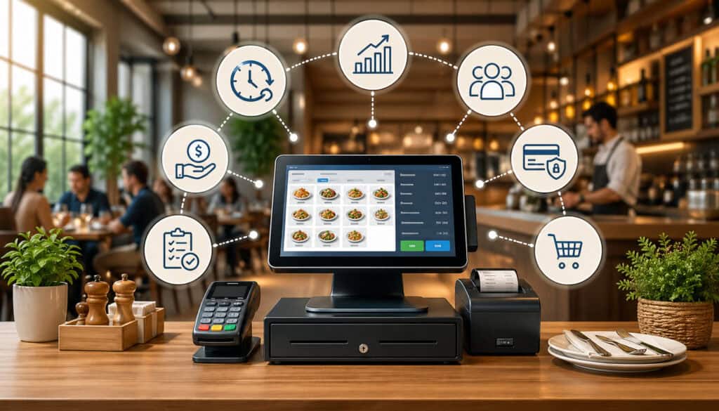 Modern restaurant POS system on a counter with digital ordering screen, payment terminal, receipt printer, and icons representing analytics, payments, inventory, and customer management in a busy dining environment