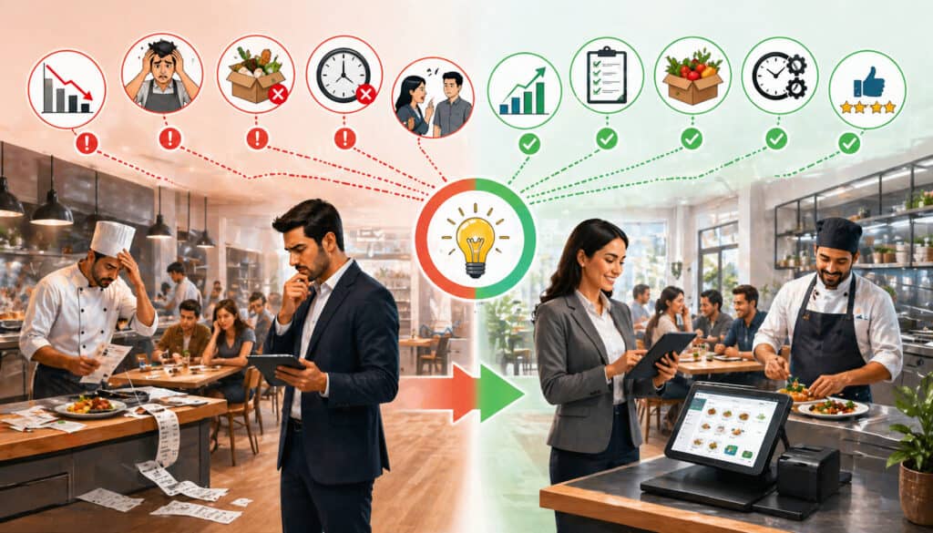 Split-scene restaurant illustration showing operational challenges like staff stress and order errors contrasted with streamlined solutions using digital tools and efficient management systems