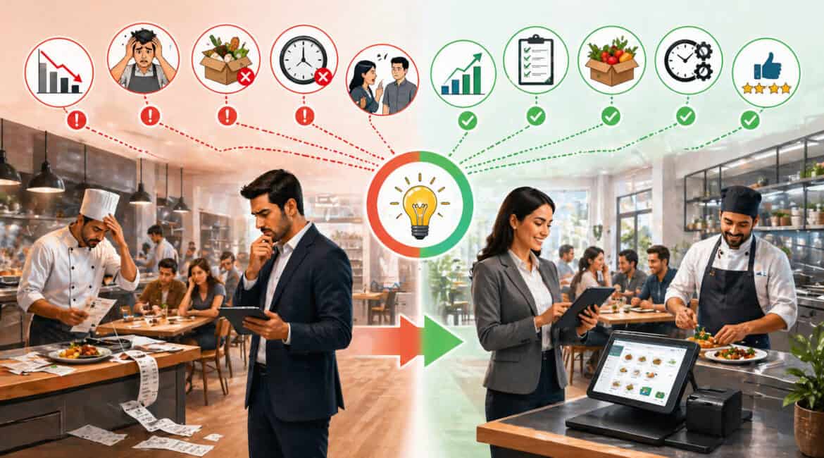 Split-scene restaurant illustration showing operational challenges like staff stress and order errors contrasted with streamlined solutions using digital tools and efficient management systems