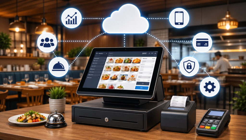 Cloud-based restaurant POS system with touchscreen terminal, payment device, and connected icons for analytics, payments, security, and mobile management in a modern dining environment