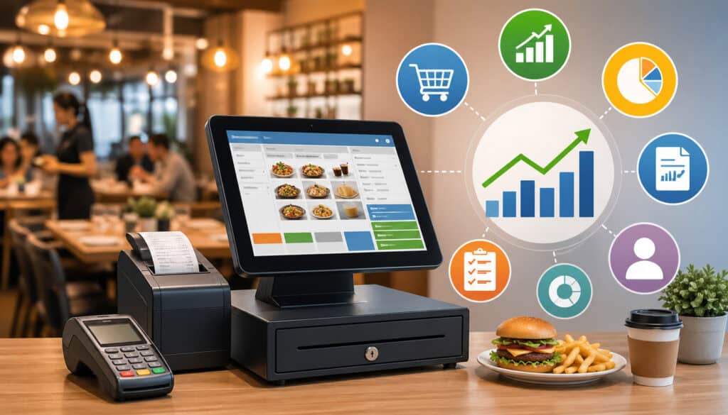 Restaurant POS system with touchscreen terminal, payment device, and sales analytics dashboard in a modern dining environment