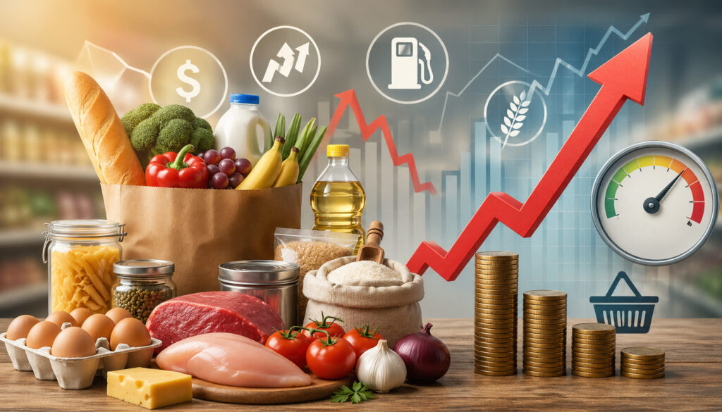 Rising grocery prices with food items, upward cost graph, and profit margin pressure concept illustration
