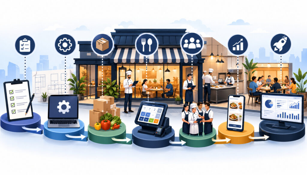 Scalable restaurant operations system illustration showing workflow from inventory management and POS setup to staff coordination, customer dining, and business analytics dashboards