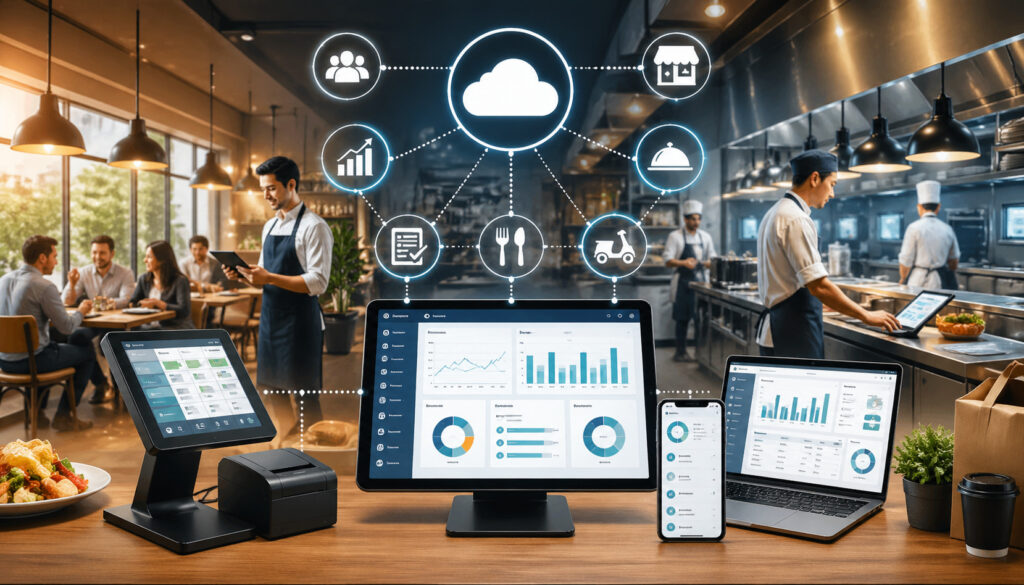 Modern restaurant using cloud-based POS system and digital tools to manage orders, kitchen operations, inventory, and customer service efficiently