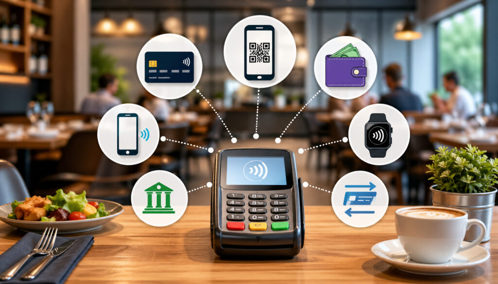 Modern restaurant POS terminal on table with icons representing digital payment methods like contactless cards, mobile wallets, QR codes, and online transfers in a café setting