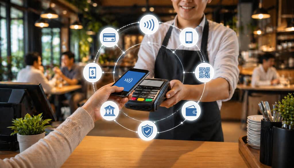 Customer making contactless mobile payment at restaurant POS terminal with digital payment integration icons representing cards, wallets, and secure transactions