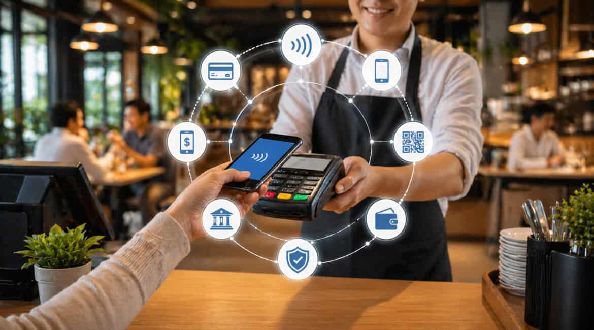 Customer making contactless mobile payment at restaurant POS terminal with digital payment integration icons representing cards, wallets, and secure transactions