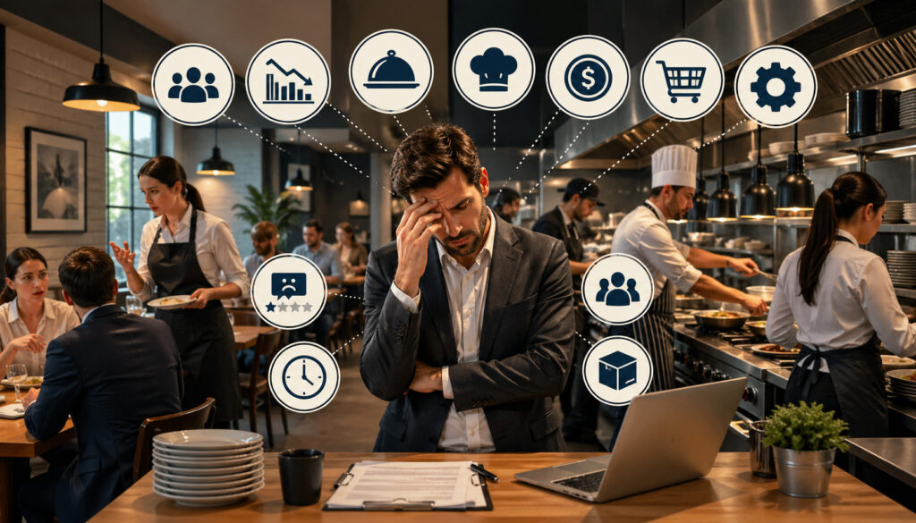 Busy restaurant kitchen and dining area with stressed manager overseeing staff, highlighting operational challenges like staffing, inventory, customer service, and costs