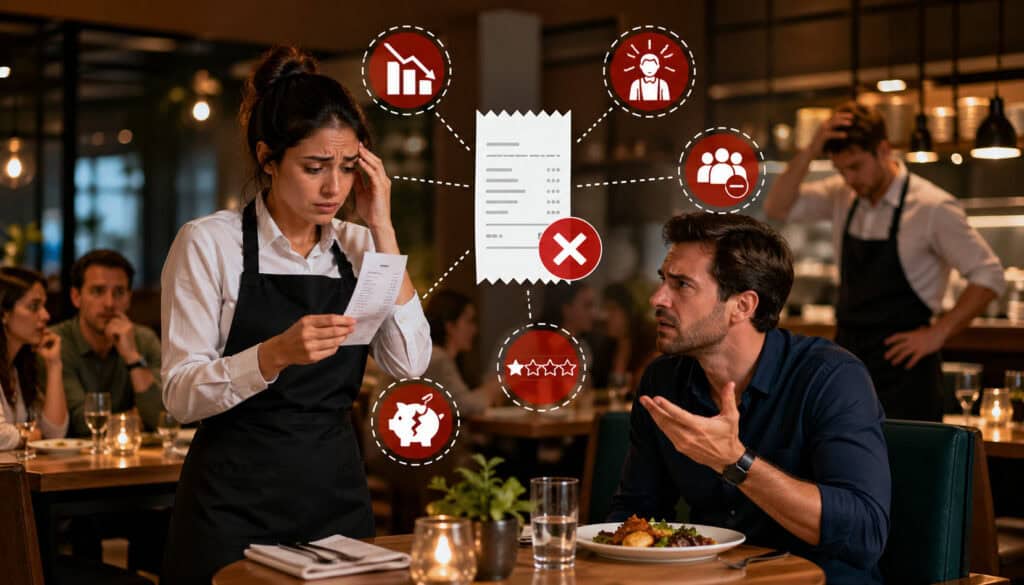 Restaurant server reviewing incorrect bill while frustrated customer reacts, illustrating billing errors impacting restaurant operations and customer satisfaction