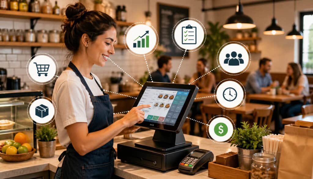 Small restaurant owner using a modern POS system at the counter with digital payment, inventory, and sales analytics icons in a cozy café setting
