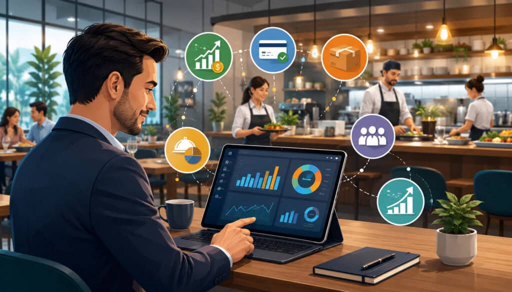 Restaurant manager reviewing POS reports and sales analytics