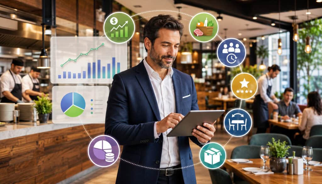 Restaurant owner reviewing KPI analytics on a tablet